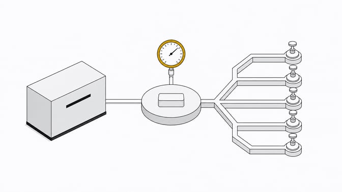 An automated trigger sits between a sealed module and a branching lattice of identical channels, passing through a single bounded metering gauge that constrains flow before it distributes, illustrating rate-limited event-triggered automation for AI API usage.