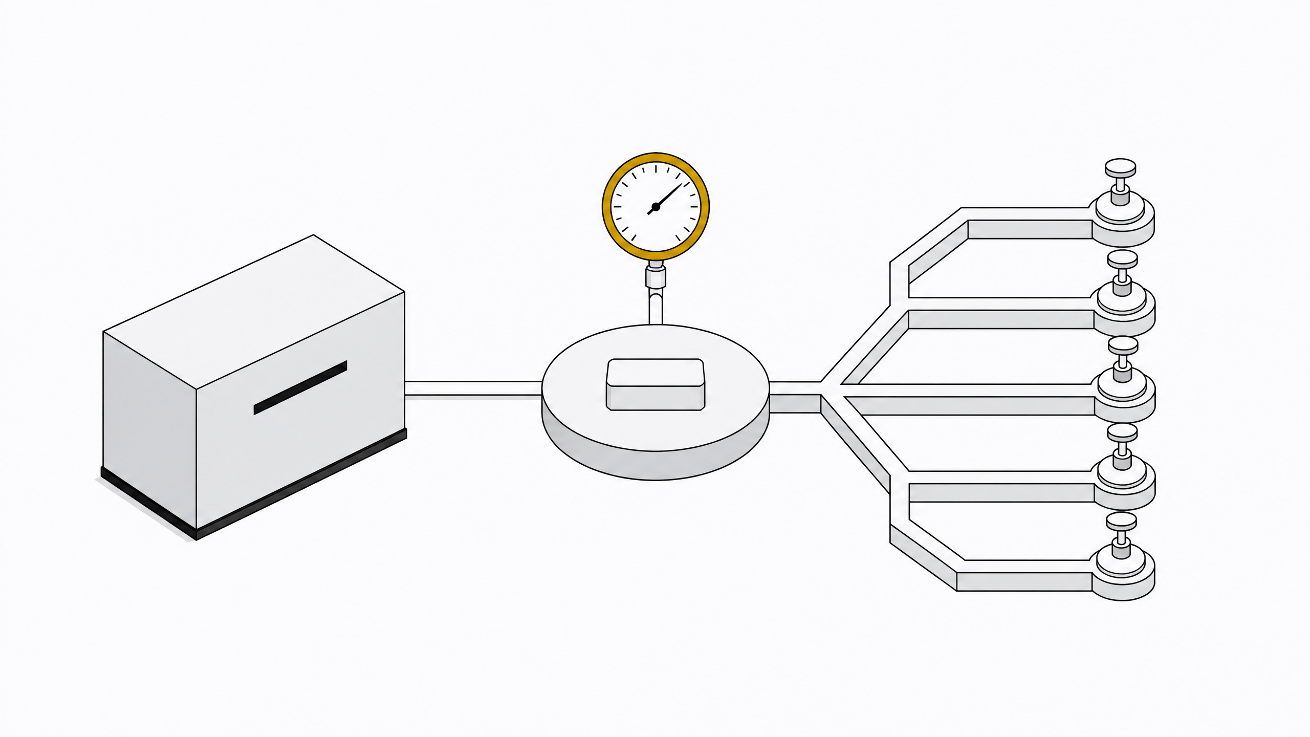 An automated trigger sits between a sealed module and a branching lattice of identical channels, passing through a single bounded metering gauge that constrains flow before it distributes, illustrating rate-limited event-triggered automation for AI API usage.