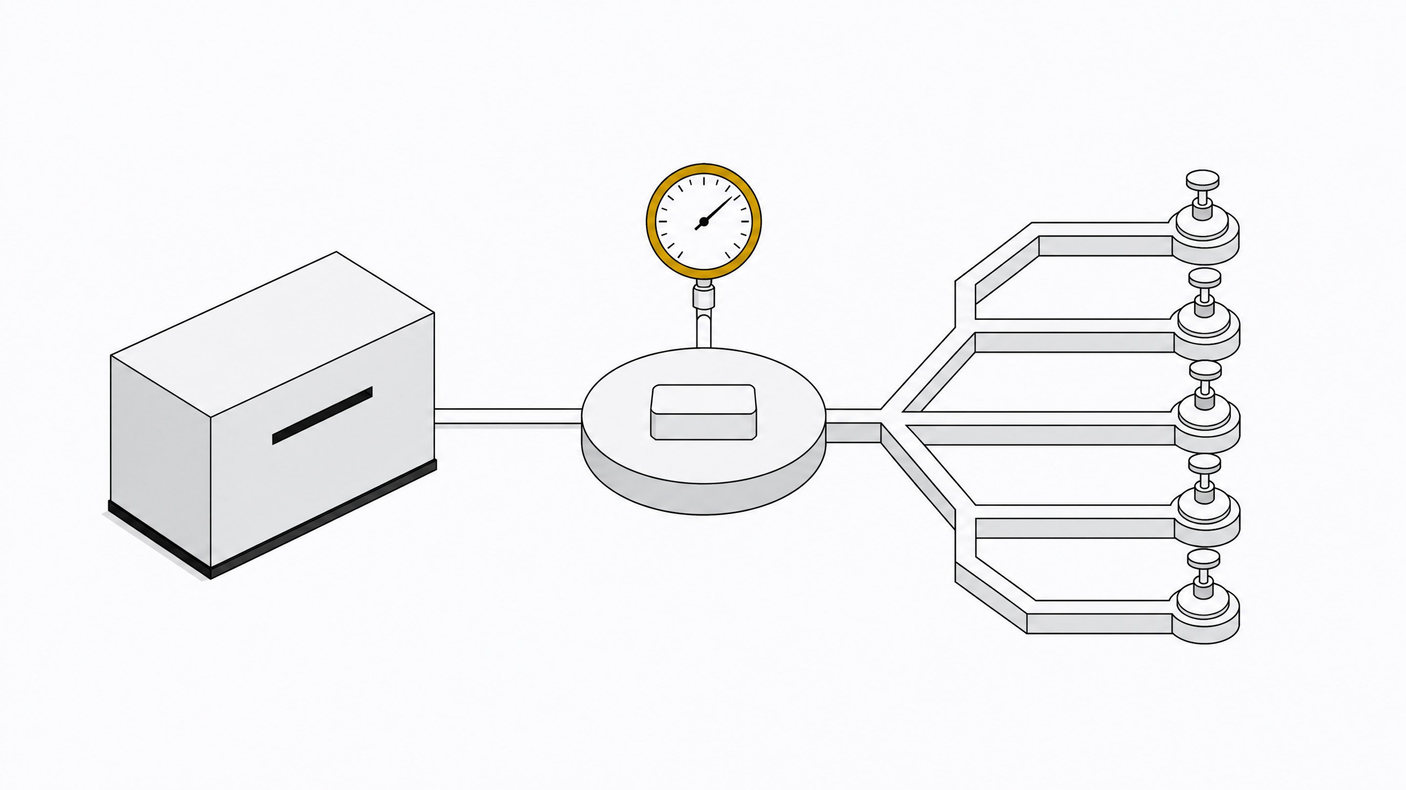 An automated trigger sits between a sealed module and a branching lattice of identical channels, passing through a single bounded metering gauge that constrains flow before it distributes, illustrating rate-limited event-triggered automation for AI API usage.