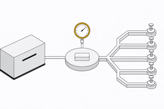 An automated trigger sits between a sealed module and a branching lattice of identical channels, passing through a single bounded metering gauge that constrains flow before it distributes, illustrating rate-limited event-triggered automation for AI API usage.