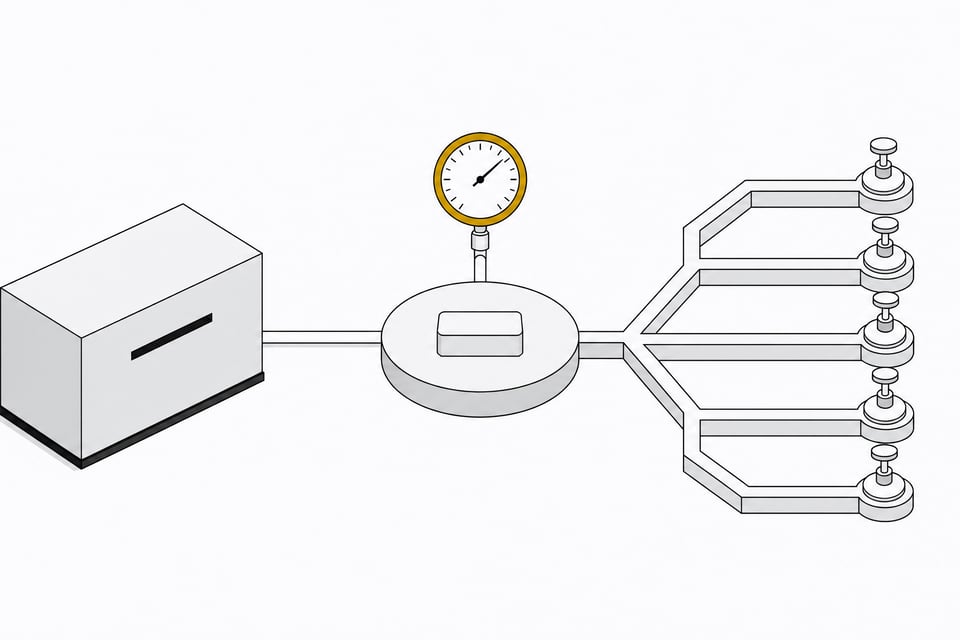 An automated trigger sits between a sealed module and a branching lattice of identical channels, passing through a single bounded metering gauge that constrains flow before it distributes, illustrating rate-limited event-triggered automation for AI API usage.