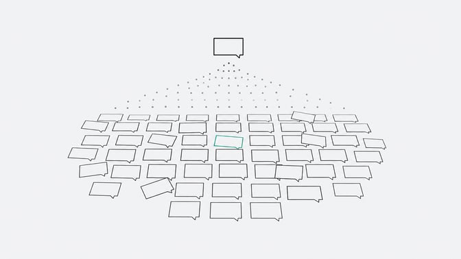 A grid of identical unlabeled chat-bot panels spreading across a surface, with a few panels drifting out of alignment from the rest, one highlighted in accent color.