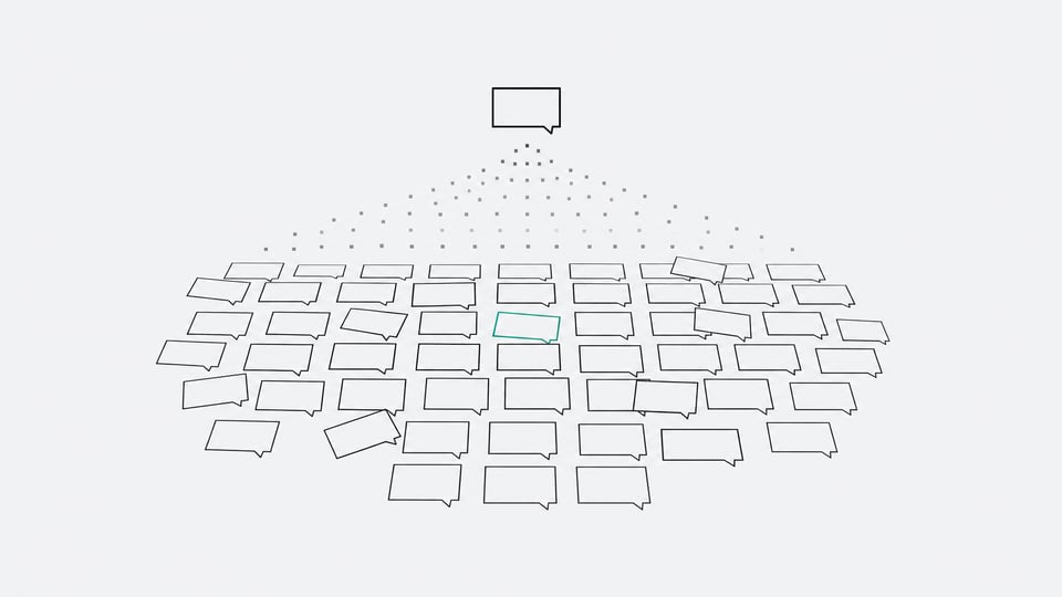 A grid of identical unlabeled chat-bot panels spreading across a surface, with a few panels drifting out of alignment from the rest, one highlighted in accent color.