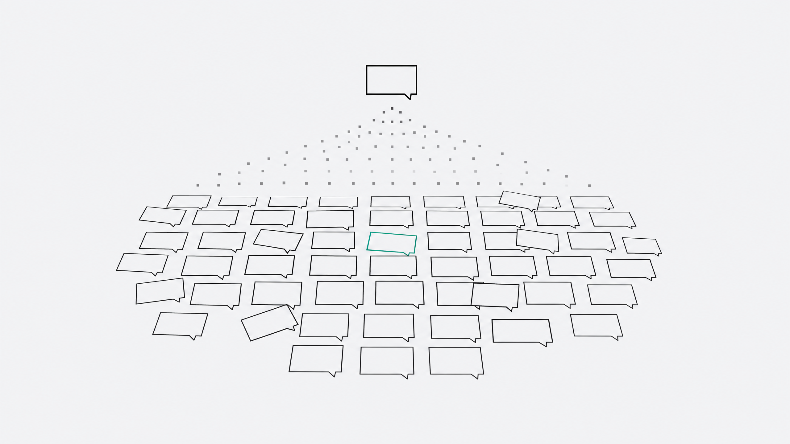 A grid of identical unlabeled chat-bot panels spreading across a surface, with a few panels drifting out of alignment from the rest, one highlighted in accent color.