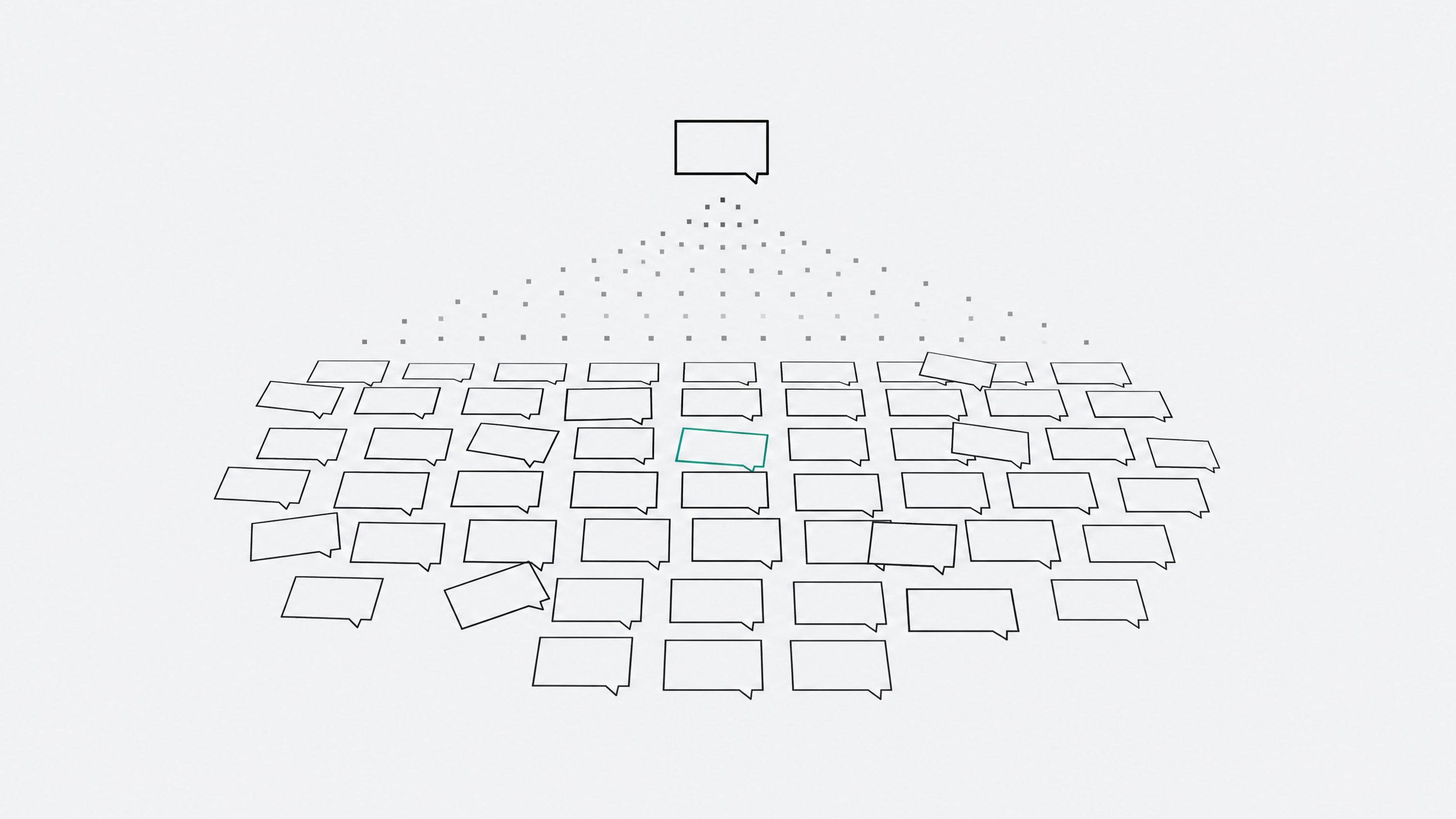 A grid of identical unlabeled chat-bot panels spreading across a surface, with a few panels drifting out of alignment from the rest, one highlighted in accent color.
