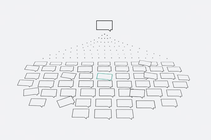 A grid of identical unlabeled chat-bot panels spreading across a surface, with a few panels drifting out of alignment from the rest, one highlighted in accent color.