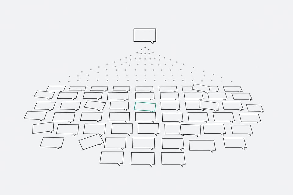 A grid of identical unlabeled chat-bot panels spreading across a surface, with a few panels drifting out of alignment from the rest, one highlighted in accent color.