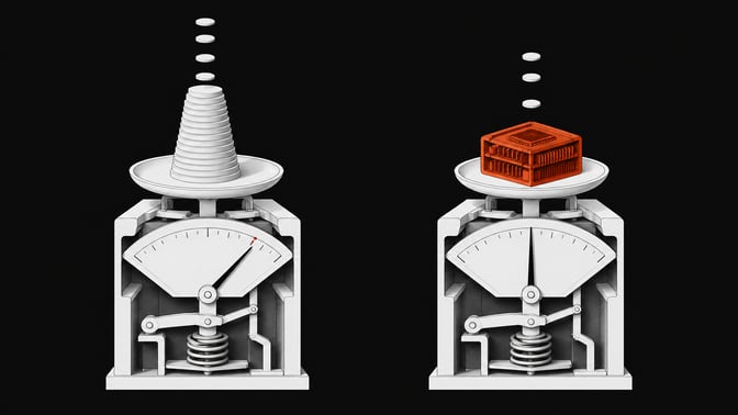 Two cutaway mechanical scales compare a rising pile of per-use tokens against a single fixed processor module, illustrating escalating cloud API costs versus flat local AI hardware cost.