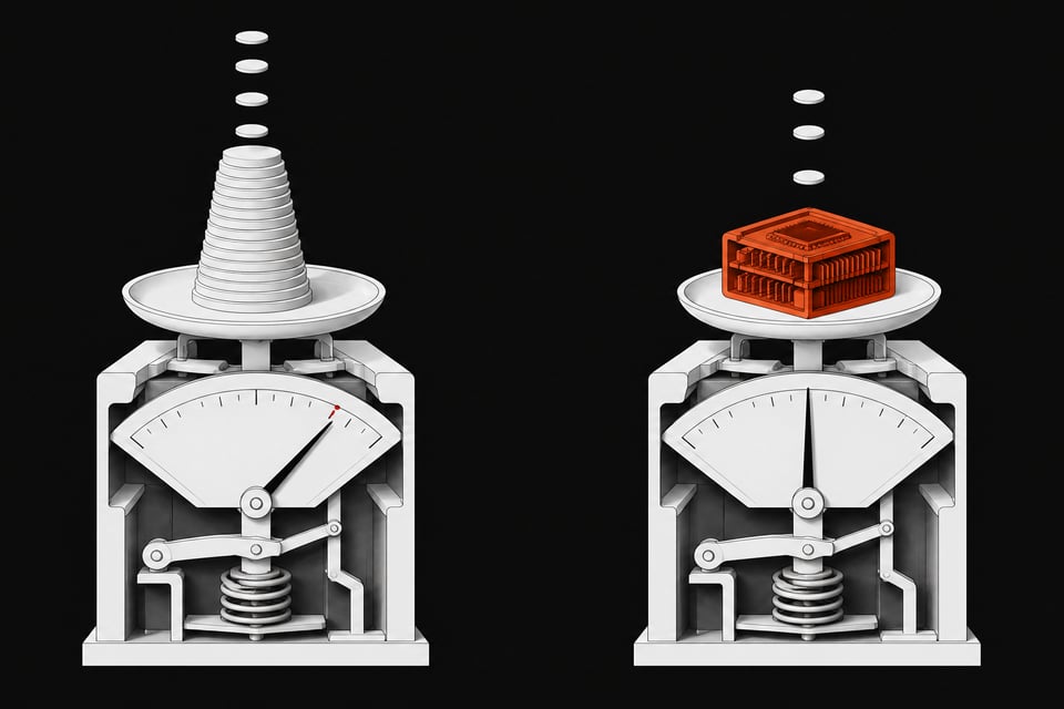 Two cutaway mechanical scales compare a rising pile of per-use tokens against a single fixed processor module, illustrating escalating cloud API costs versus flat local AI hardware cost.