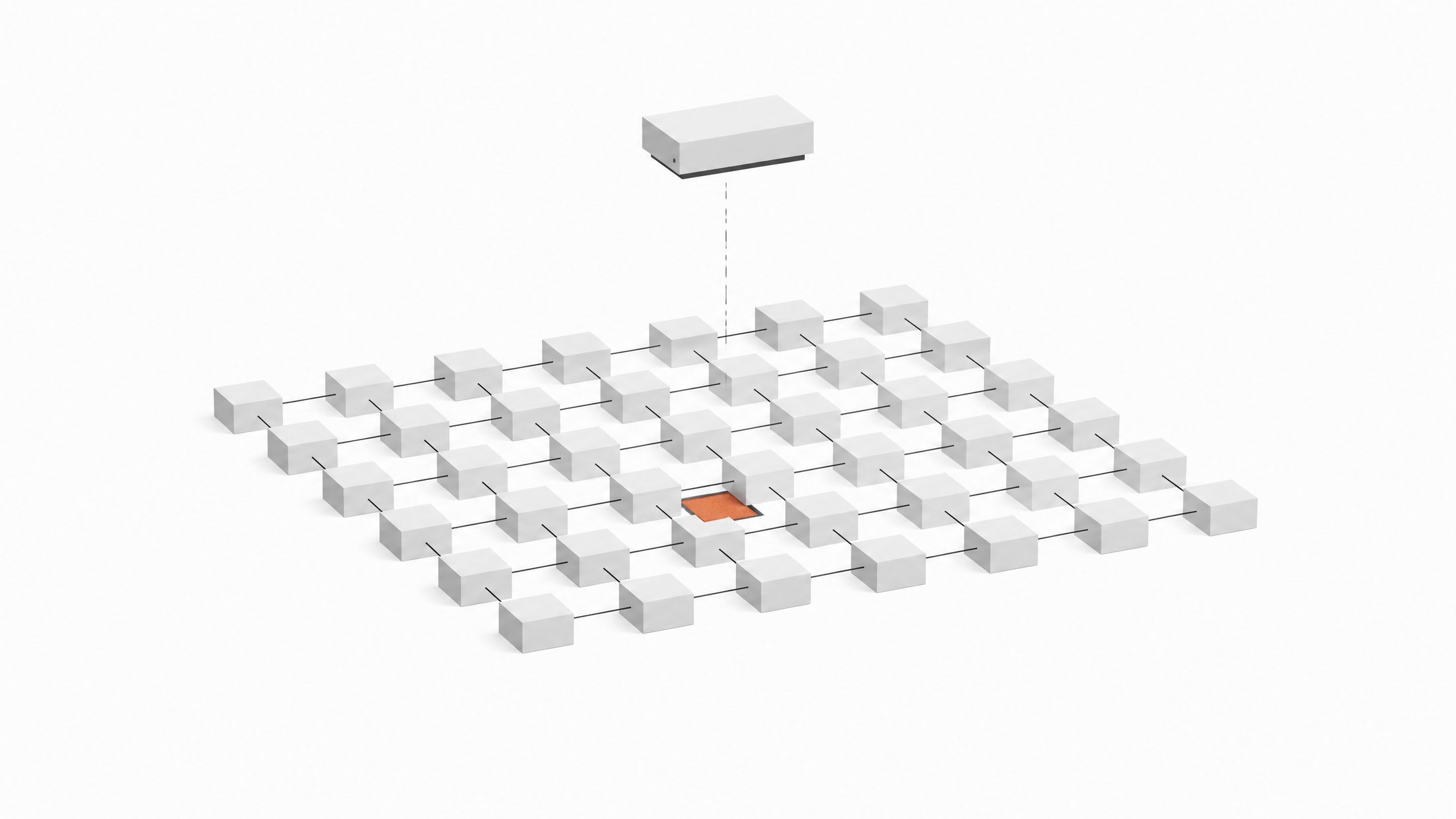 An orderly grid of uniform package modules in a software registry, with one module subtly offset and highlighted to show a hidden altered dependency.