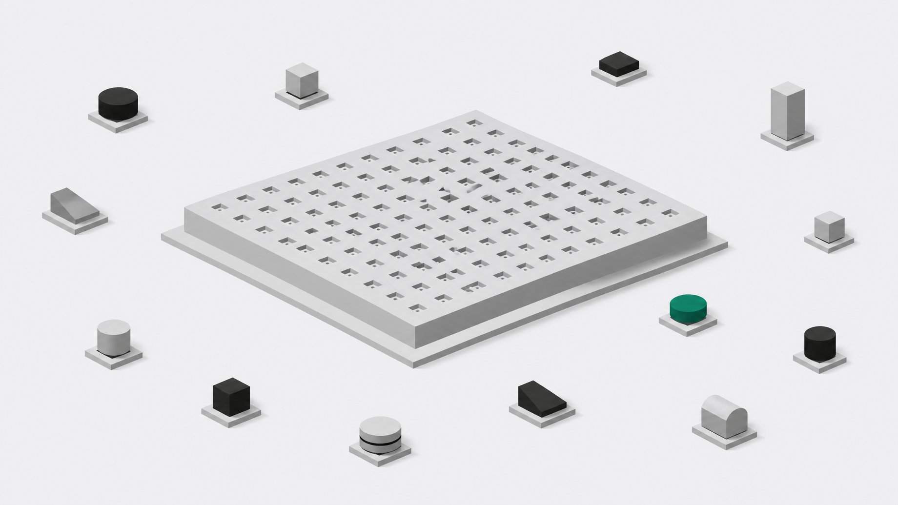 A central grid of uniform sanctioned software ports surrounded by scattered unmatched modules plugged into their own separate sockets, representing unauthorized AI tools operating outside official systems.