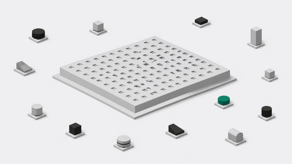 A central grid of uniform sanctioned software ports surrounded by scattered unmatched modules plugged into their own separate sockets, representing unauthorized AI tools operating outside official systems.