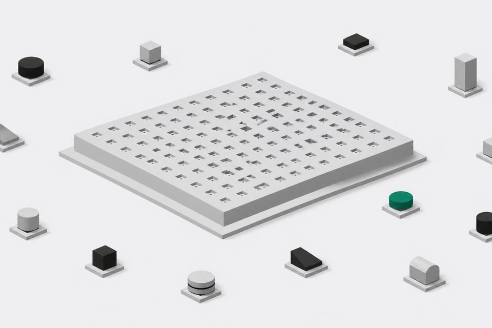A central grid of uniform sanctioned software ports surrounded by scattered unmatched modules plugged into their own separate sockets, representing unauthorized AI tools operating outside official systems.