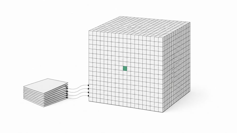 A dense solid cube made of countless embedded tiles stands beside a separate thin stack of flat cards, illustrating data fused directly into model weights versus data kept external in a prompt.