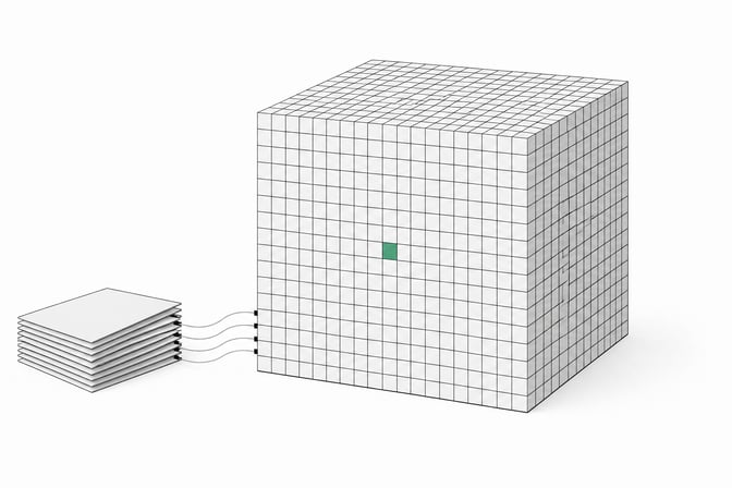 A dense solid cube made of countless embedded tiles stands beside a separate thin stack of flat cards, illustrating data fused directly into model weights versus data kept external in a prompt.