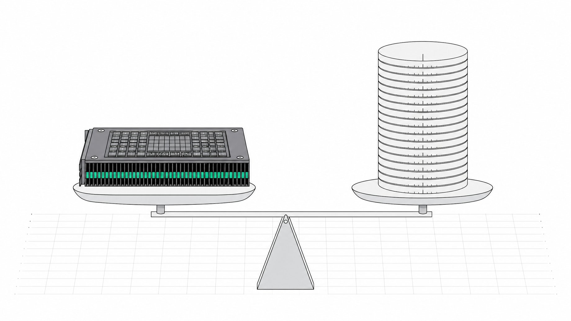 A balance scale weighing a GPU card against a stacked column of discs, illustrating the cost comparison between local AI hardware and recurring subscription usage.