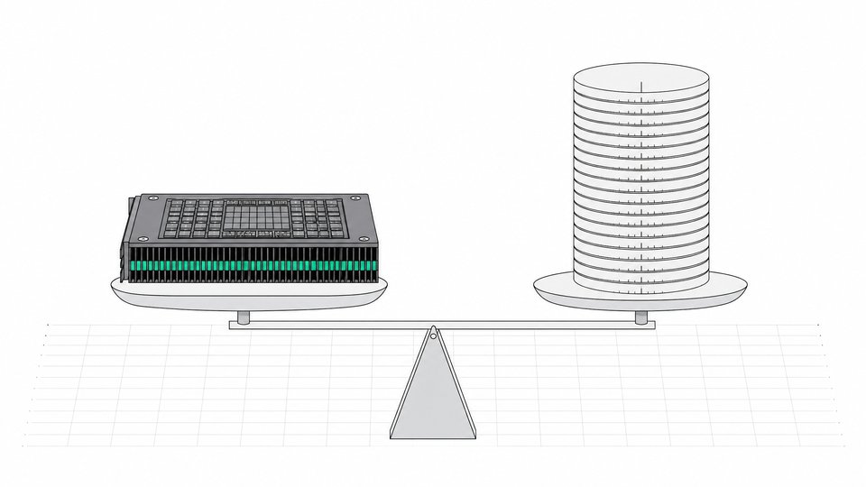 A balance scale weighing a GPU card against a stacked column of discs, illustrating the cost comparison between local AI hardware and recurring subscription usage.