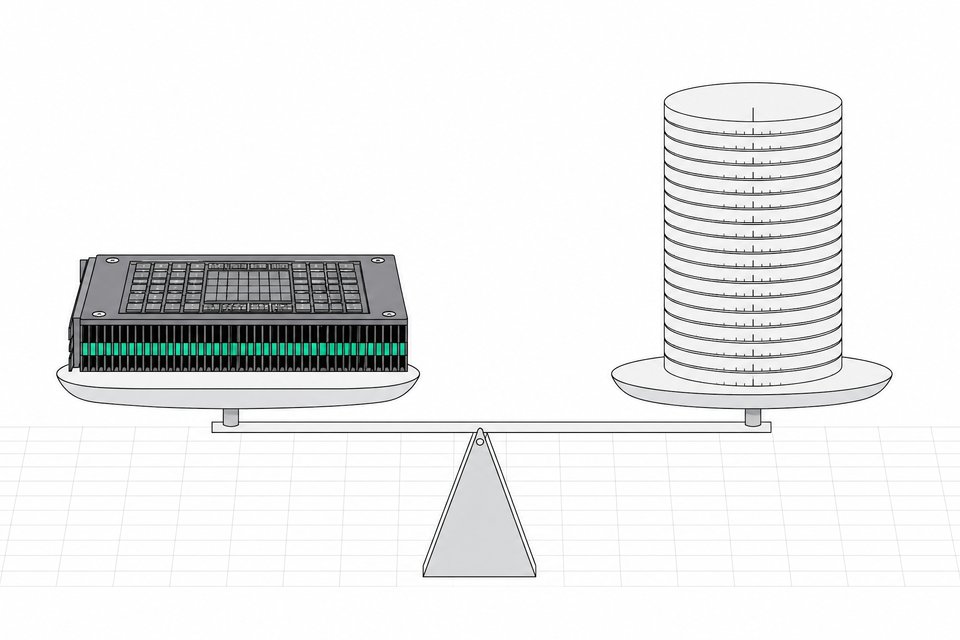 A balance scale weighing a GPU card against a stacked column of discs, illustrating the cost comparison between local AI hardware and recurring subscription usage.
