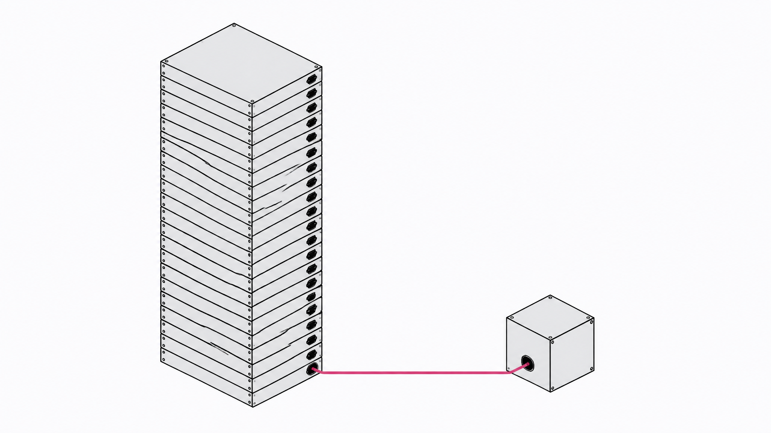 A tall stack of many identical modular blocks stands beside a single small block linked by one thin conduit, illustrating a bundle of software functions being replaced by a single API connection.