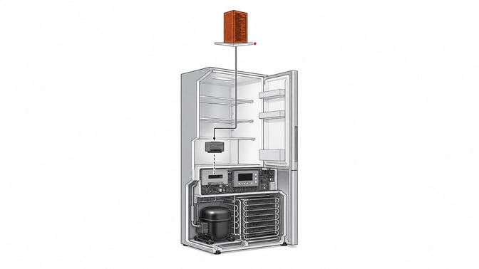 Cutaway exploded diagram of a refrigerator with its control module linked by a thin conduit to a distant miniature server tower.