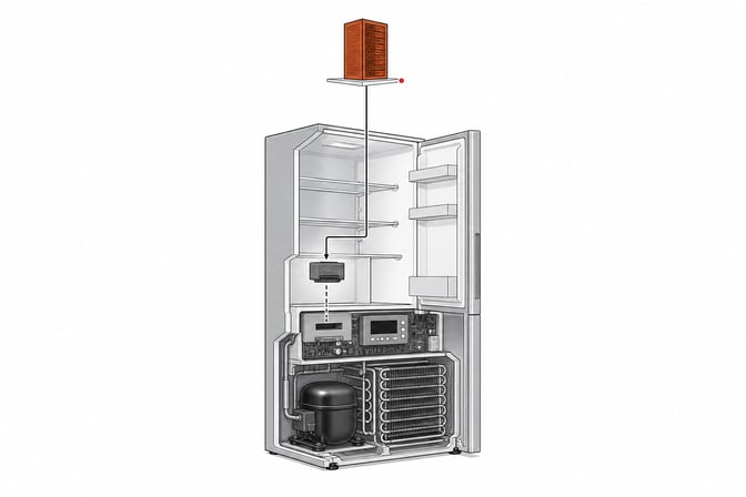 Cutaway exploded diagram of a refrigerator with its control module linked by a thin conduit to a distant miniature server tower.