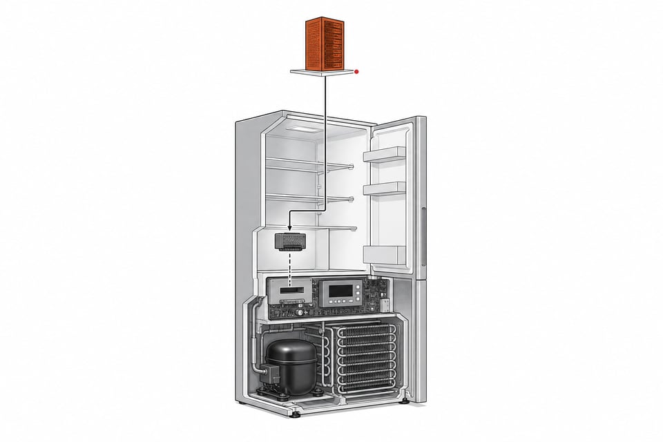 Cutaway exploded diagram of a refrigerator with its control module linked by a thin conduit to a distant miniature server tower.