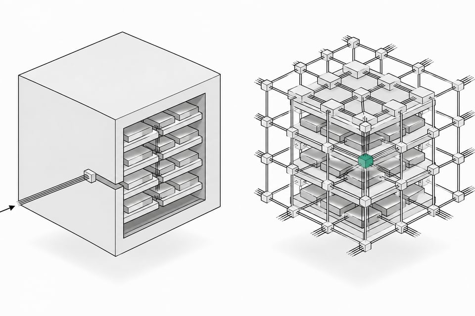 Two operating-system architecture diagrams compared: one a sealed enclosure with a single restricted gateway, the other an open interconnected mesh of nodes with multiple pathways.