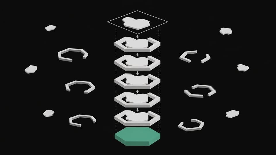 A stack of interlocking geometric verification gates through which a code shape must pass and seat perfectly, illustrating a machine-checked formal proof in Lean 4.