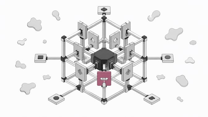 Illustration of an AI agent contained within a structured lattice of physical checkpoint gates that filter inputs by shape, representing deterministic engineering controls rather than persuasion-based safety.