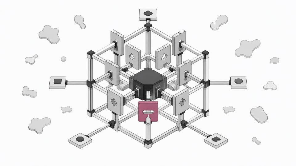 Illustration of an AI agent contained within a structured lattice of physical checkpoint gates that filter inputs by shape, representing deterministic engineering controls rather than persuasion-based safety.