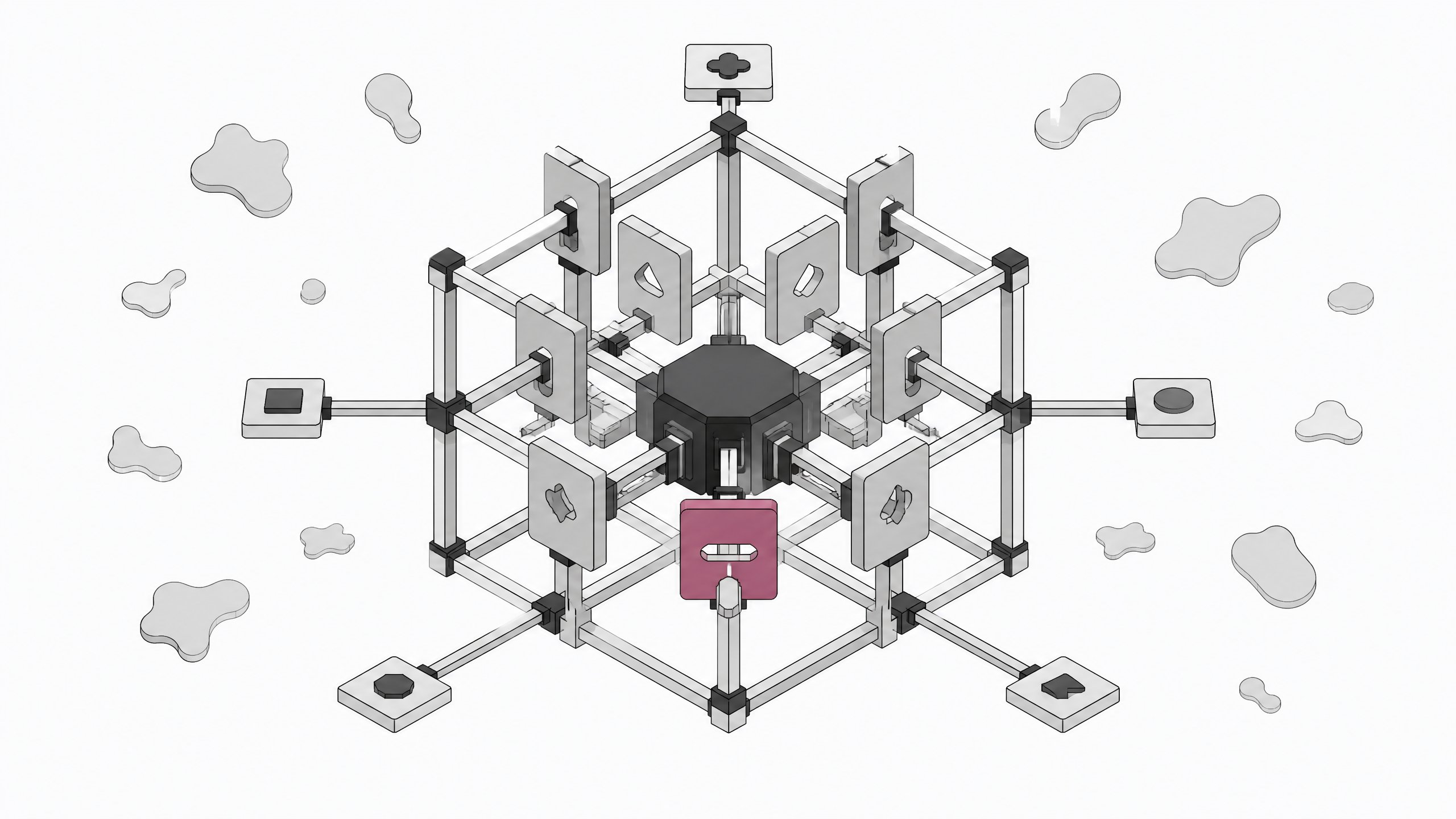 Illustration of an AI agent contained within a structured lattice of physical checkpoint gates that filter inputs by shape, representing deterministic engineering controls rather than persuasion-based safety.