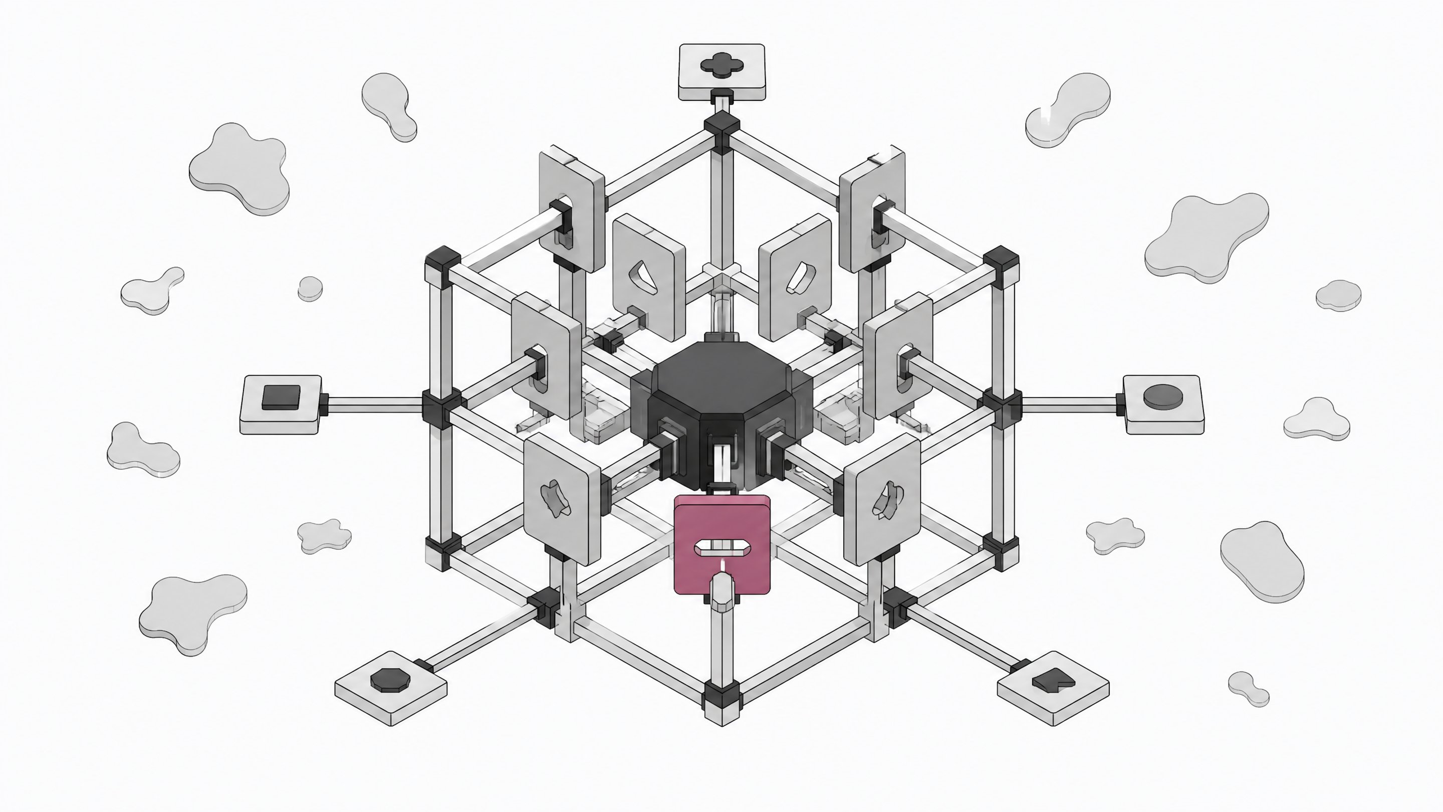 Illustration of an AI agent contained within a structured lattice of physical checkpoint gates that filter inputs by shape, representing deterministic engineering controls rather than persuasion-based safety.