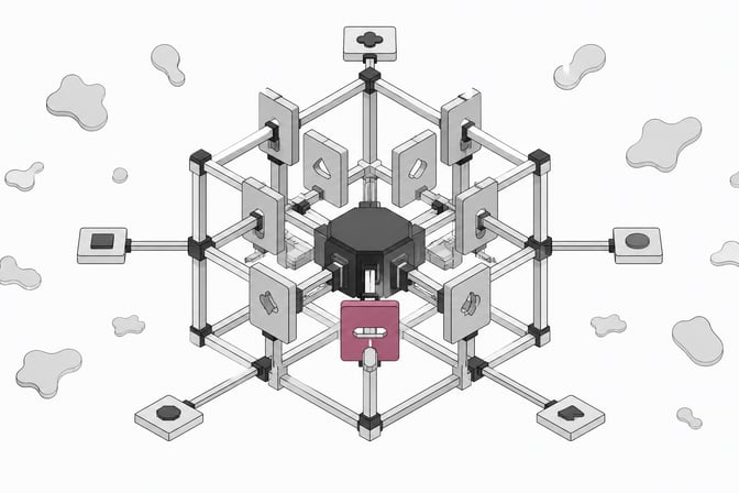 Illustration of an AI agent contained within a structured lattice of physical checkpoint gates that filter inputs by shape, representing deterministic engineering controls rather than persuasion-based safety.