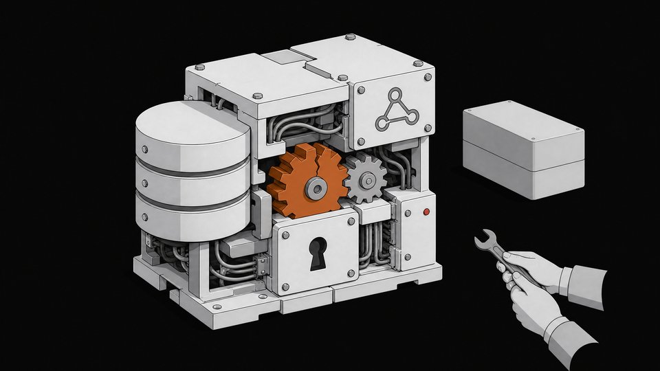 A hand-assembled modular software system shown in cutaway, with one internal gear module cracked and misaligned, beside a sealed uniform commercial box for comparison.