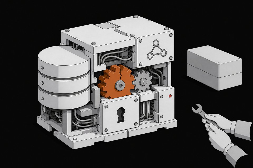 A hand-assembled modular software system shown in cutaway, with one internal gear module cracked and misaligned, beside a sealed uniform commercial box for comparison.