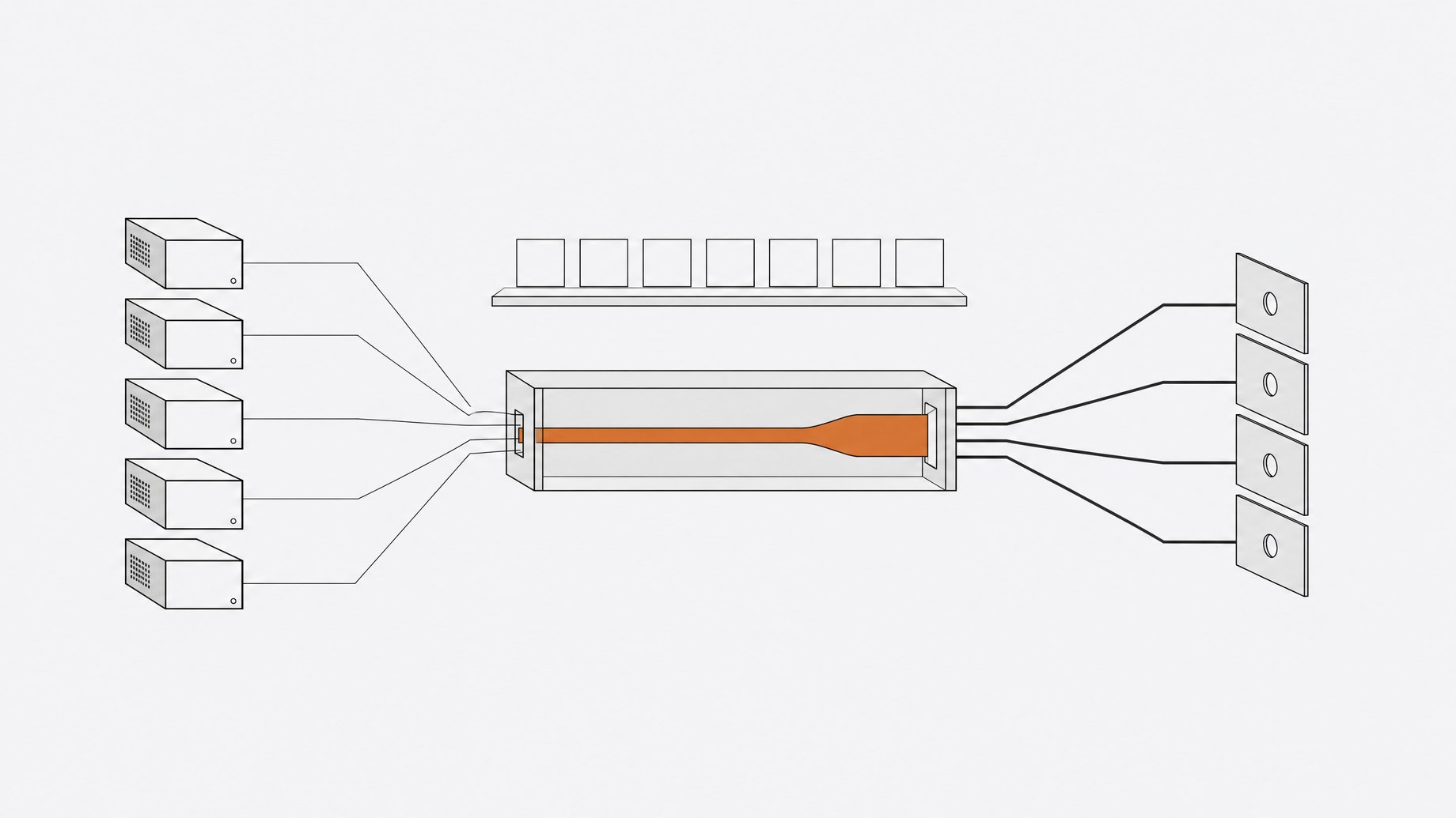 Diagram-like scene of multiple local AI inference devices routing their connections through a central proxy module that exposes the traffic to a set of monitoring panels.