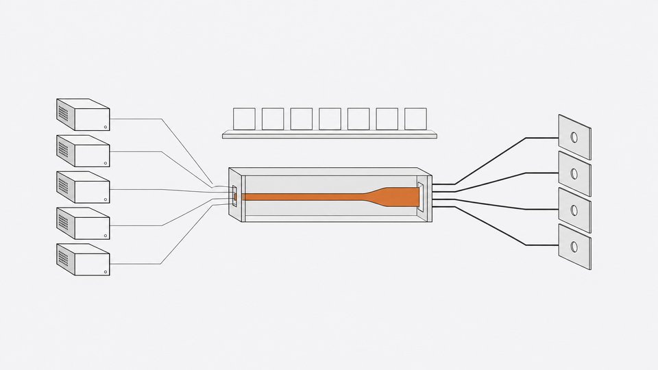 Diagram-like scene of multiple local AI inference devices routing their connections through a central proxy module that exposes the traffic to a set of monitoring panels.
