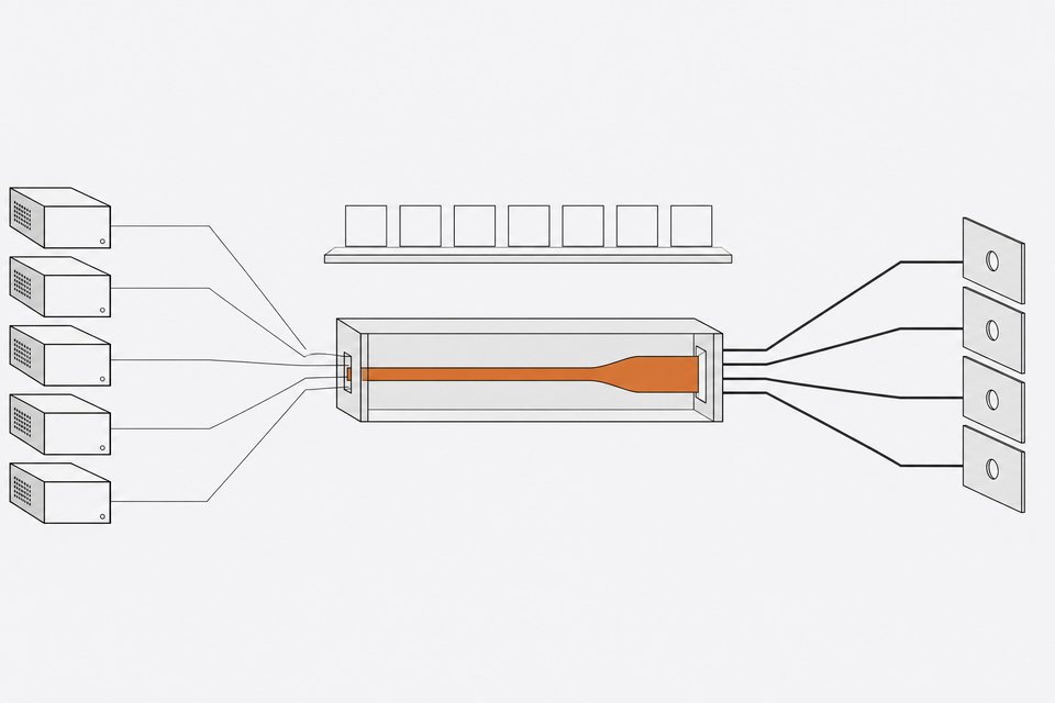 Diagram-like scene of multiple local AI inference devices routing their connections through a central proxy module that exposes the traffic to a set of monitoring panels.