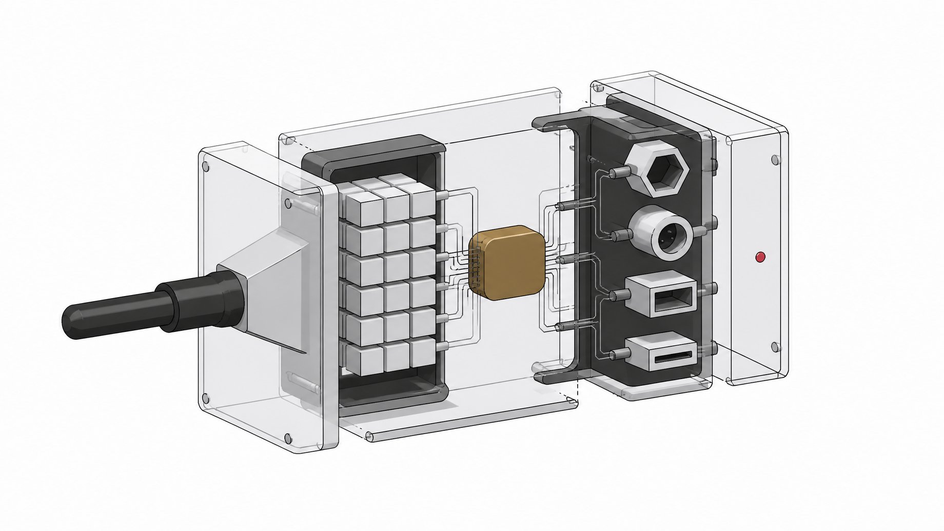 Cutaway diagram of a self-hosted AI tool router module, showing a single input splitting through an internal index bank into a central routing core and out to multiple distinct output ports.