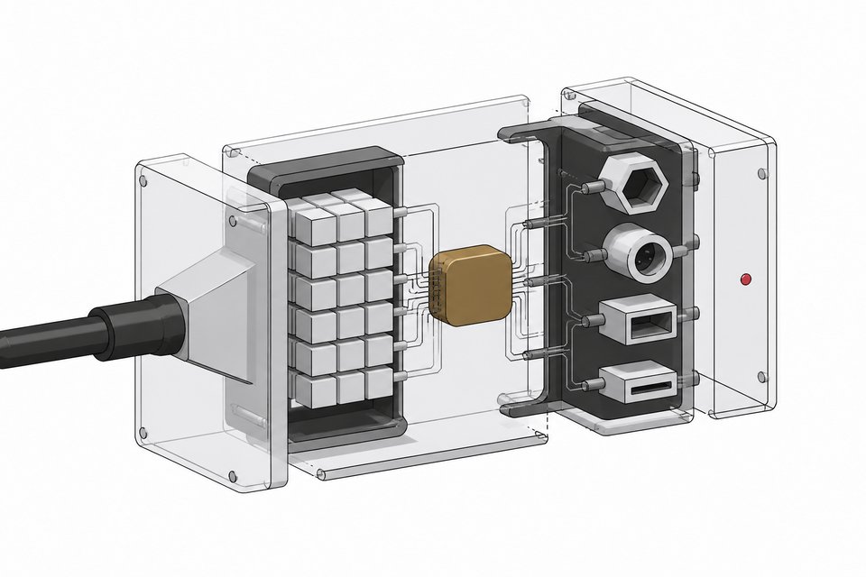 Cutaway diagram of a self-hosted AI tool router module, showing a single input splitting through an internal index bank into a central routing core and out to multiple distinct output ports.