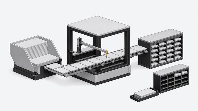 A conveyor-fed fabrication chamber transforms raw plate stock into finished modular slots, illustrating automated internal-tool generation compared to a smaller rack of externally supplied pre-made modules.