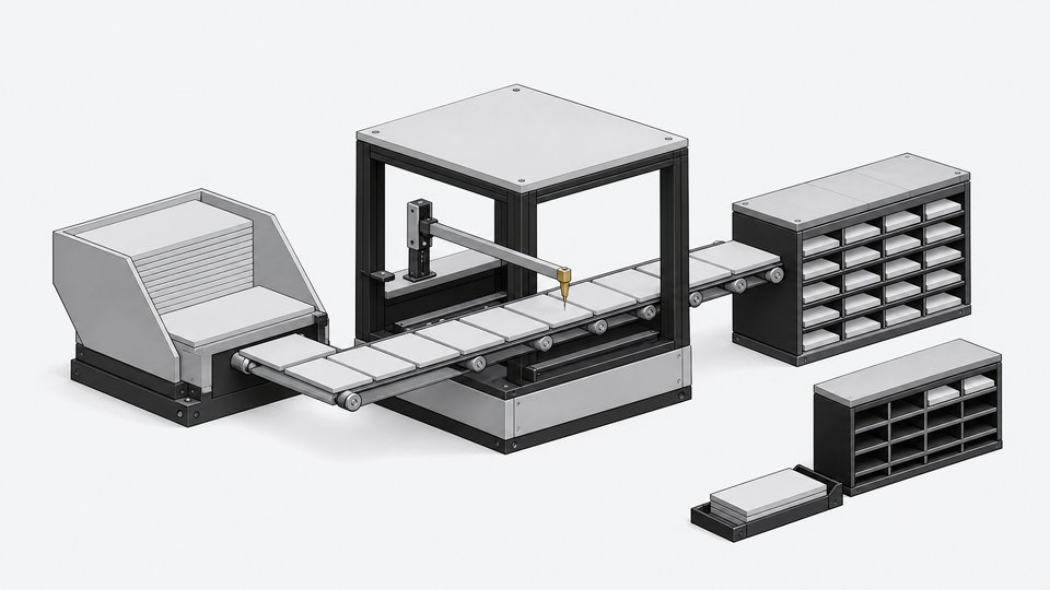 A conveyor-fed fabrication chamber transforms raw plate stock into finished modular slots, illustrating automated internal-tool generation compared to a smaller rack of externally supplied pre-made modules.