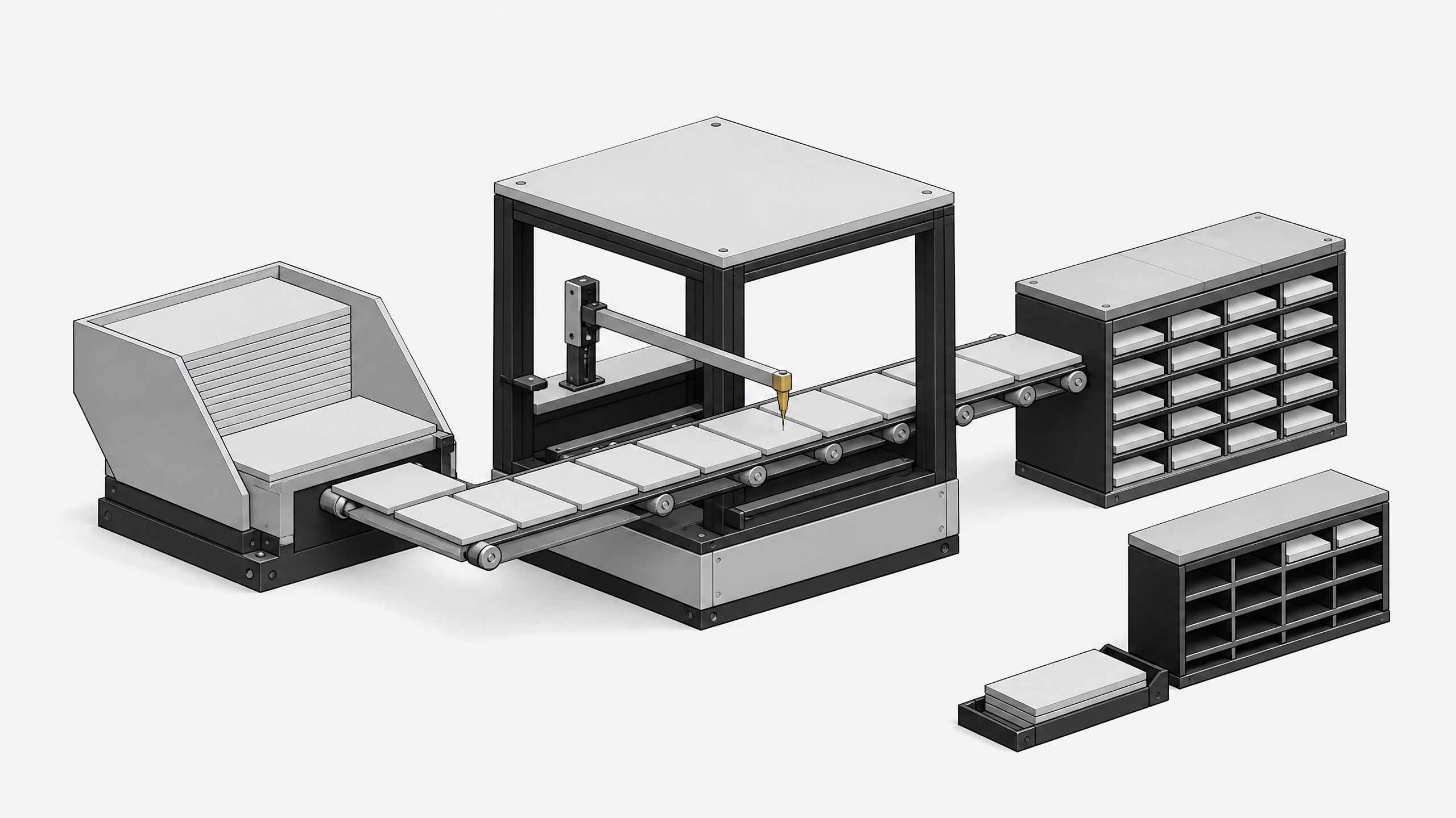A conveyor-fed fabrication chamber transforms raw plate stock into finished modular slots, illustrating automated internal-tool generation compared to a smaller rack of externally supplied pre-made modules.