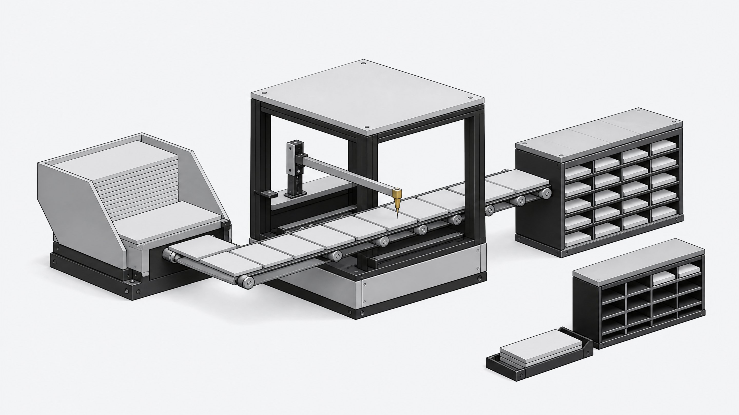 A conveyor-fed fabrication chamber transforms raw plate stock into finished modular slots, illustrating automated internal-tool generation compared to a smaller rack of externally supplied pre-made modules.