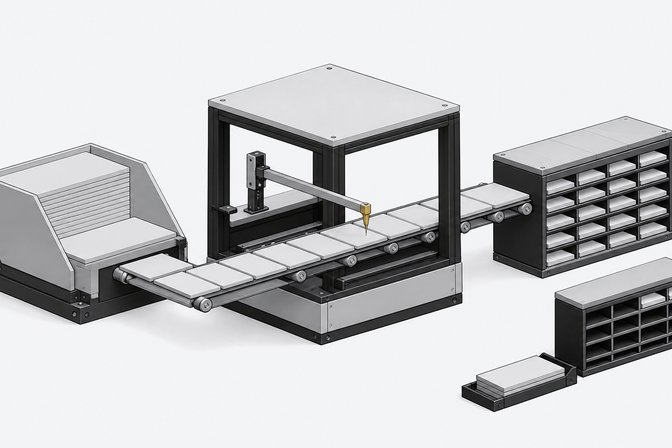 A conveyor-fed fabrication chamber transforms raw plate stock into finished modular slots, illustrating automated internal-tool generation compared to a smaller rack of externally supplied pre-made modules.