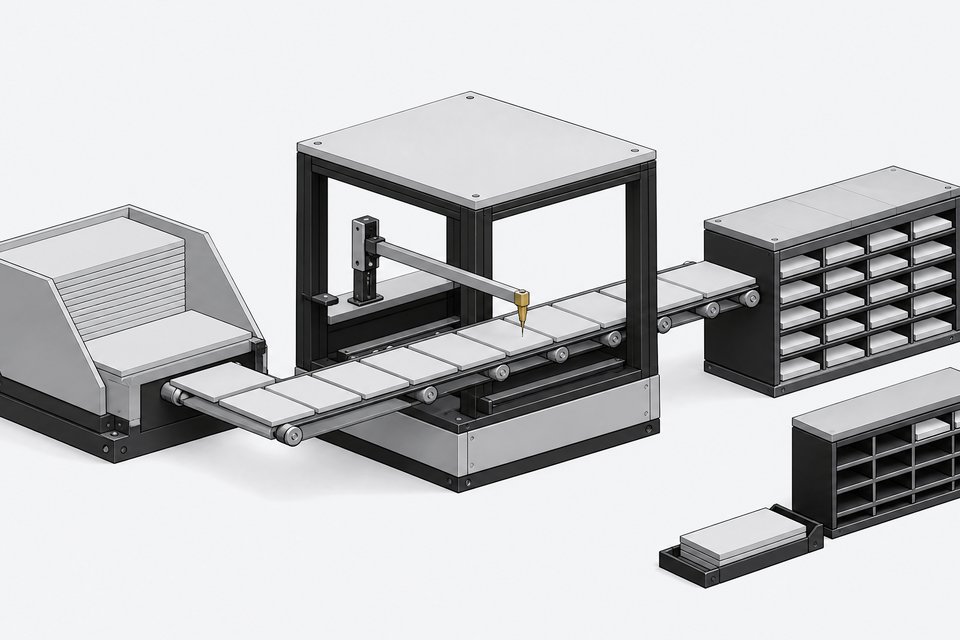 A conveyor-fed fabrication chamber transforms raw plate stock into finished modular slots, illustrating automated internal-tool generation compared to a smaller rack of externally supplied pre-made modules.