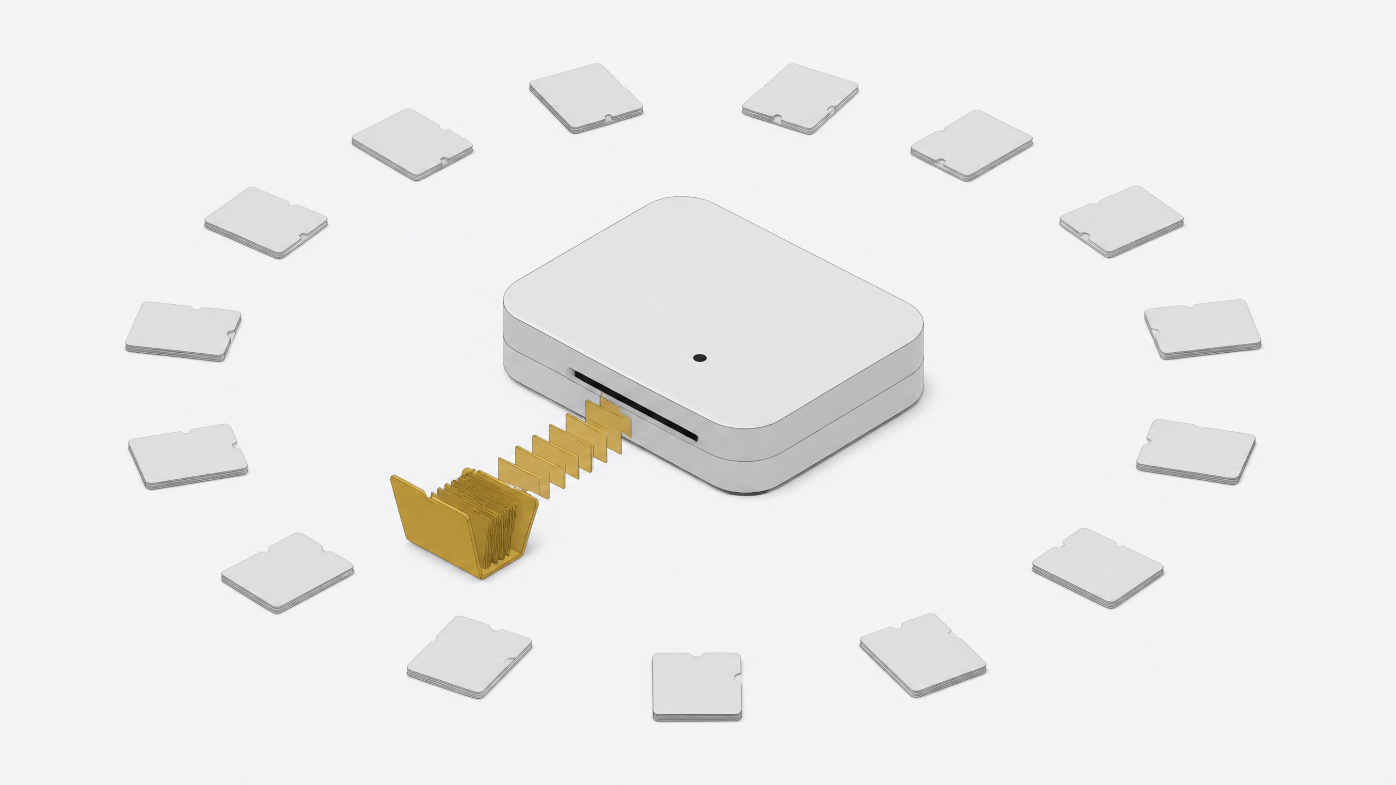 A single folder opens and feeds cards into a central AI agent module while many identical closed folders remain dormant around it, illustrating an on-demand skills file.
