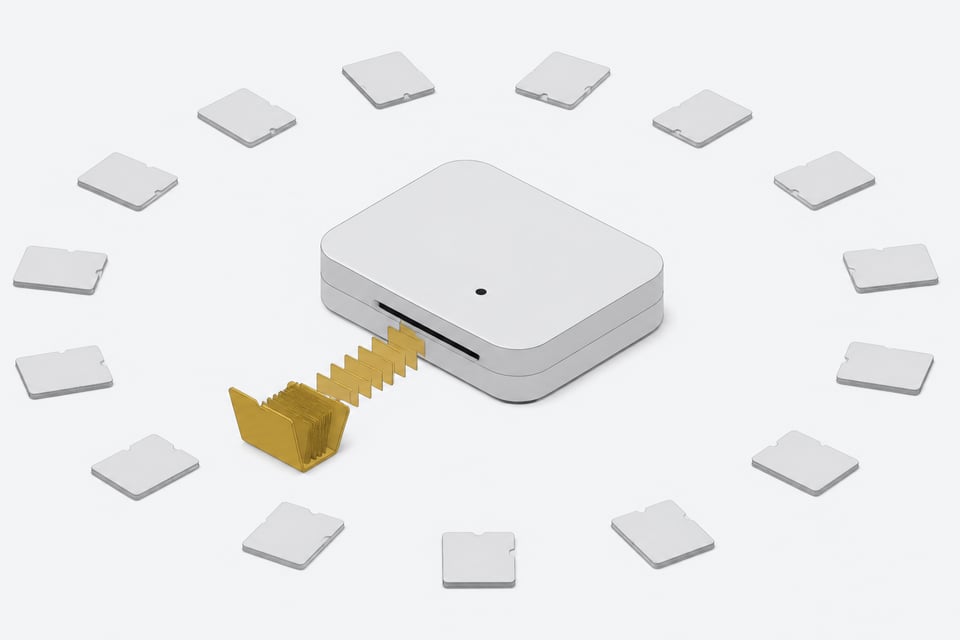 A single folder opens and feeds cards into a central AI agent module while many identical closed folders remain dormant around it, illustrating an on-demand skills file.