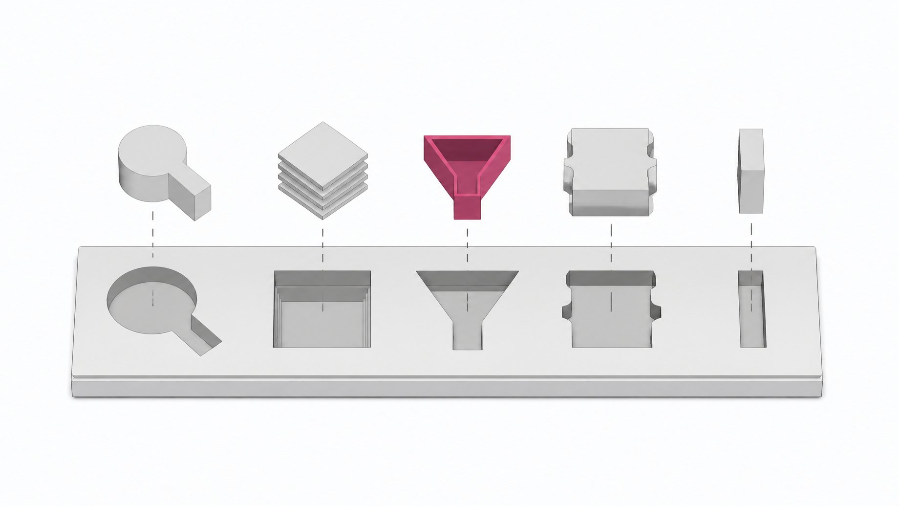 Five differently shaped modular blocks, representing distinct web-intelligence functions, slotting into matching ports on a single unified panel, with one module highlighted in accent color.