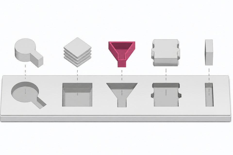 Five differently shaped modular blocks, representing distinct web-intelligence functions, slotting into matching ports on a single unified panel, with one module highlighted in accent color.